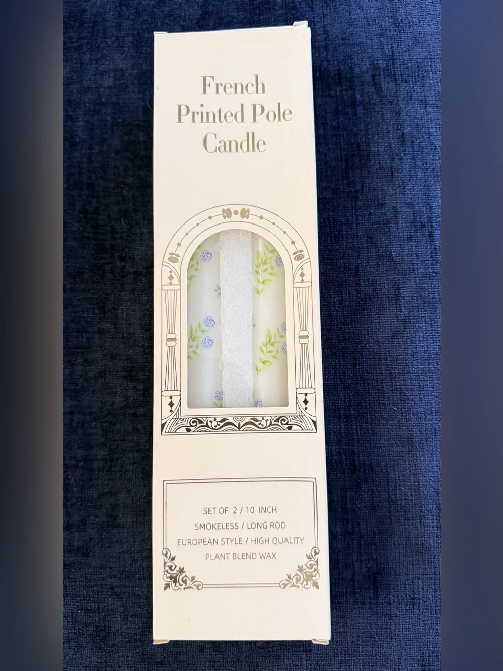 Hand-Painted White Taper Candles with Blue Floral & Green Leaf Motif